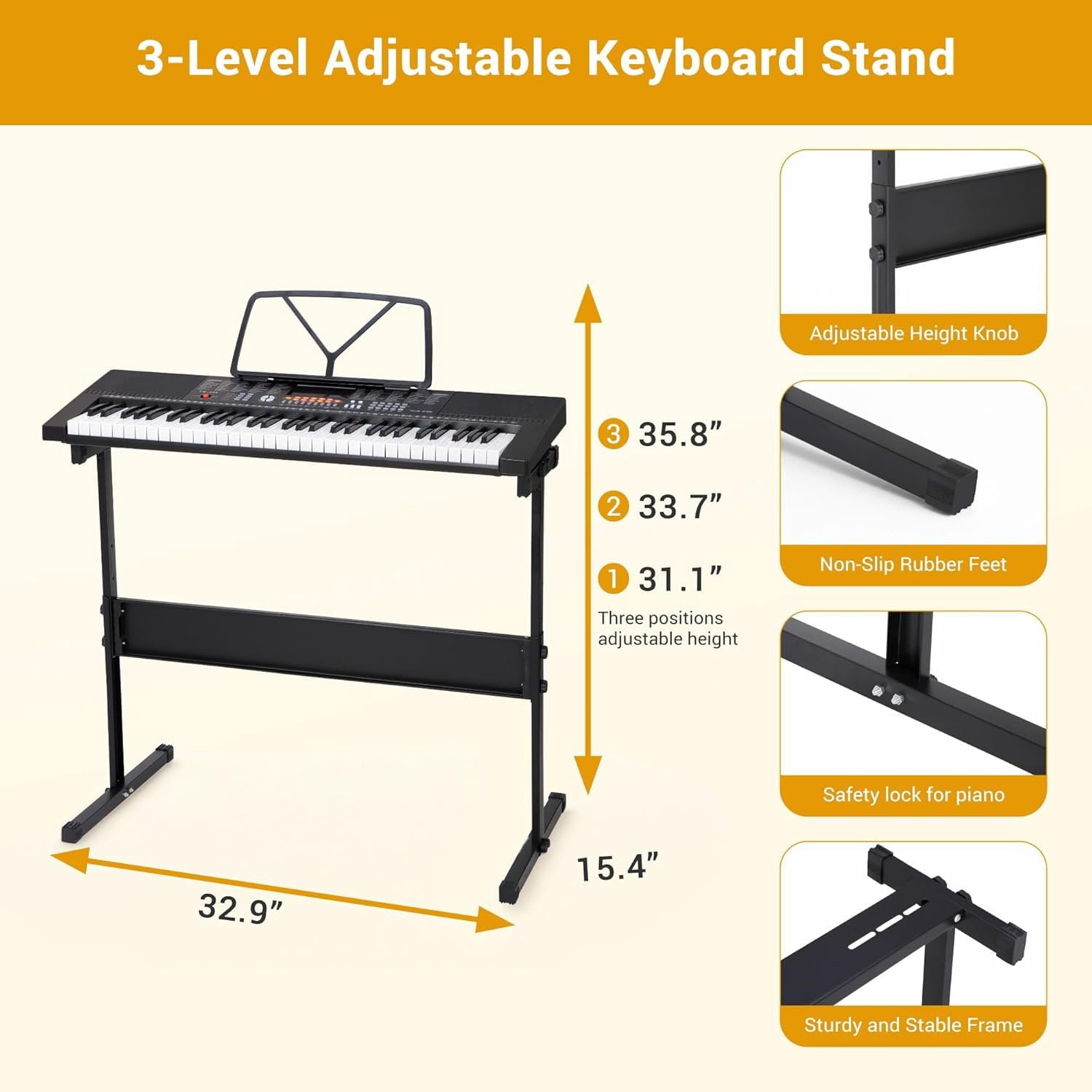 61-Key Portable Electric Keyboard Piano with Built In Speakers, LED Screen, Headphones, Microphone, Piano Stand,  Sheet Stand and Stool
