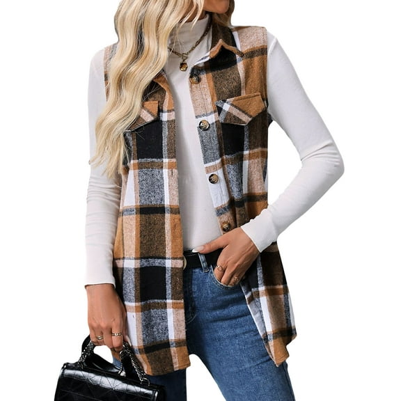 jinghuiyue Womens Plaid Vest Button Down Sleeveless Lapel Neck Long Vest Tops Outerwear Casual Flannel Waistcoat Jackets L