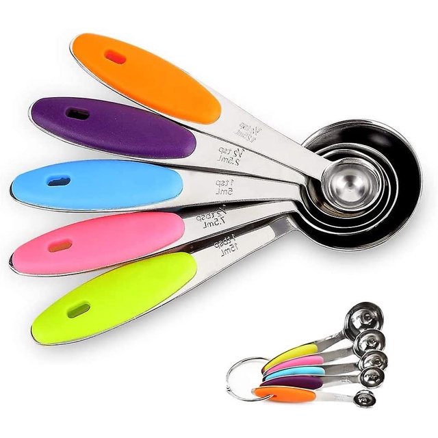 Juego de cucharas medidoras de 5 cucharas de taza de medida de metal de acero inoxidable con silicona oso de fresa Electrónica