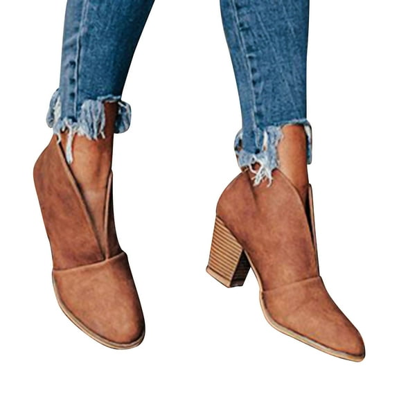 huanledash Women Casual All-matched Thick Heel Pointed Toe V Shaped Slip-on Ankle Boots