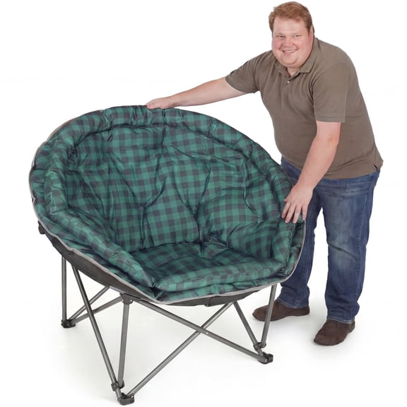 REKING Oversized Camping Moon Chair, Outdoor Padded Saucer Folding Round Chair, Supports up to 400 lbs for Hiking, Fishing, Picnic, Lawn, Green Plaid