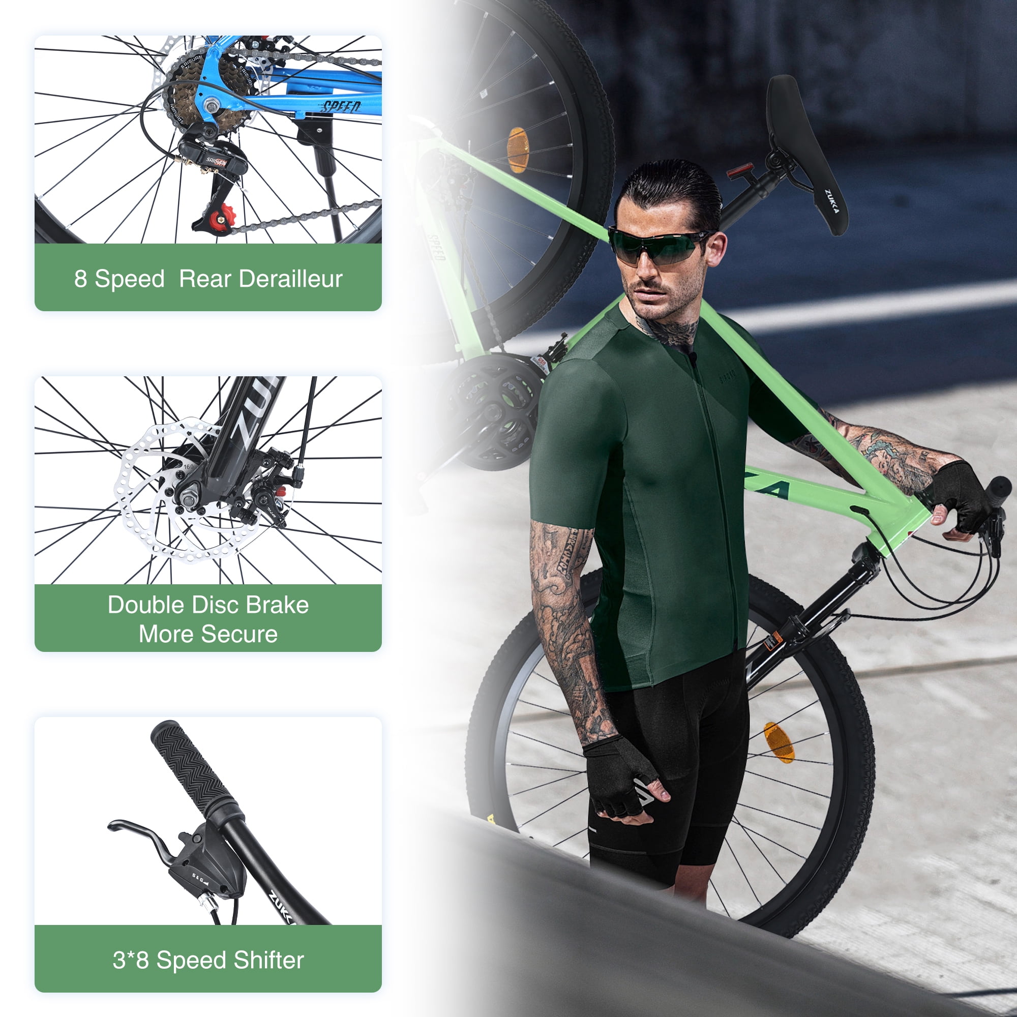 Aukfa 26" Mountain Bike for Men/Women,24 Speed Adult Bicycle Suspension Fork,Fits Riders 5'4" - 6'2"Green