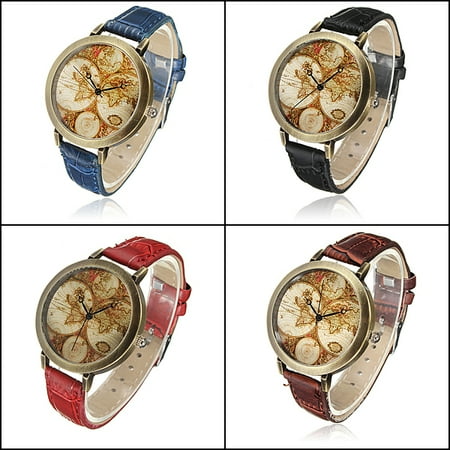 - Unisex Antique Casual Bronze World Map PU Leather Band Strap Quartz Wrist Watch