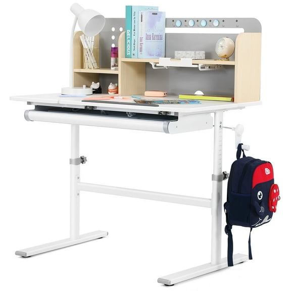 COSVALVE 39in Wide Adjustable Height Kids Desk Study Child Table with Tilting Desktop, Steel Frame, Drawer, Bookshelf Hutch (Gray)