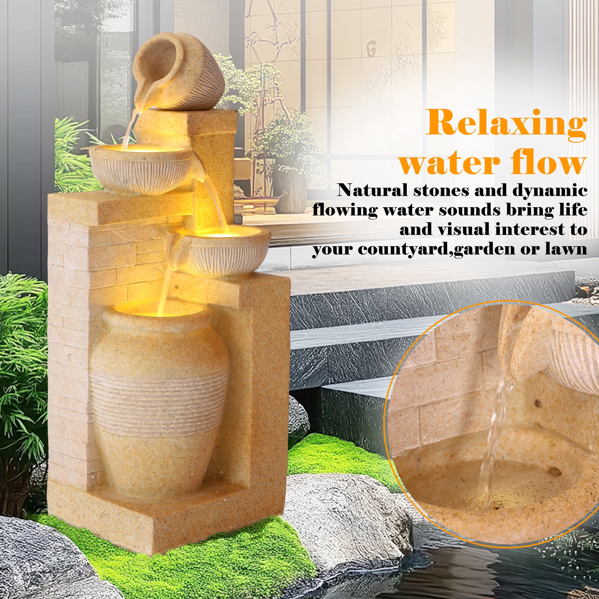 Haverchair 32" Outdoor/Indoor Garden Water Fountains, 4 Tiers Cascading Resin Fountains and Waterfalls with LEDs & Bowls, Modern Floor-Standing Patio Fountain for Porch, Deck, Yard as Home Decor