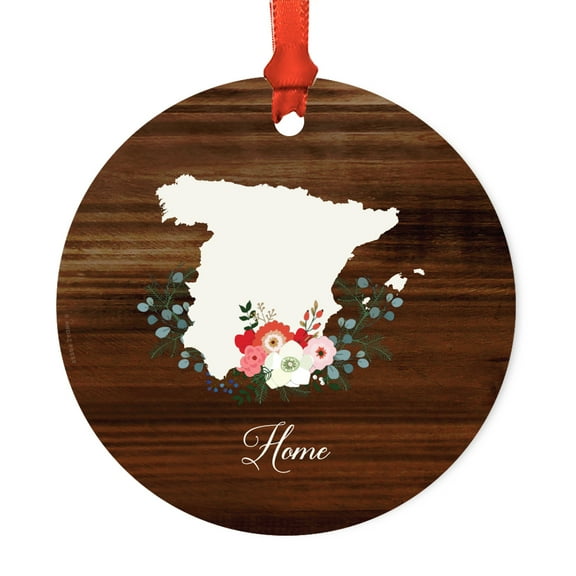 Round Metal Christmas Ornament, Rustic Wood with Florals Home, Spain Espana, Includes Ribbon and Gift Bag