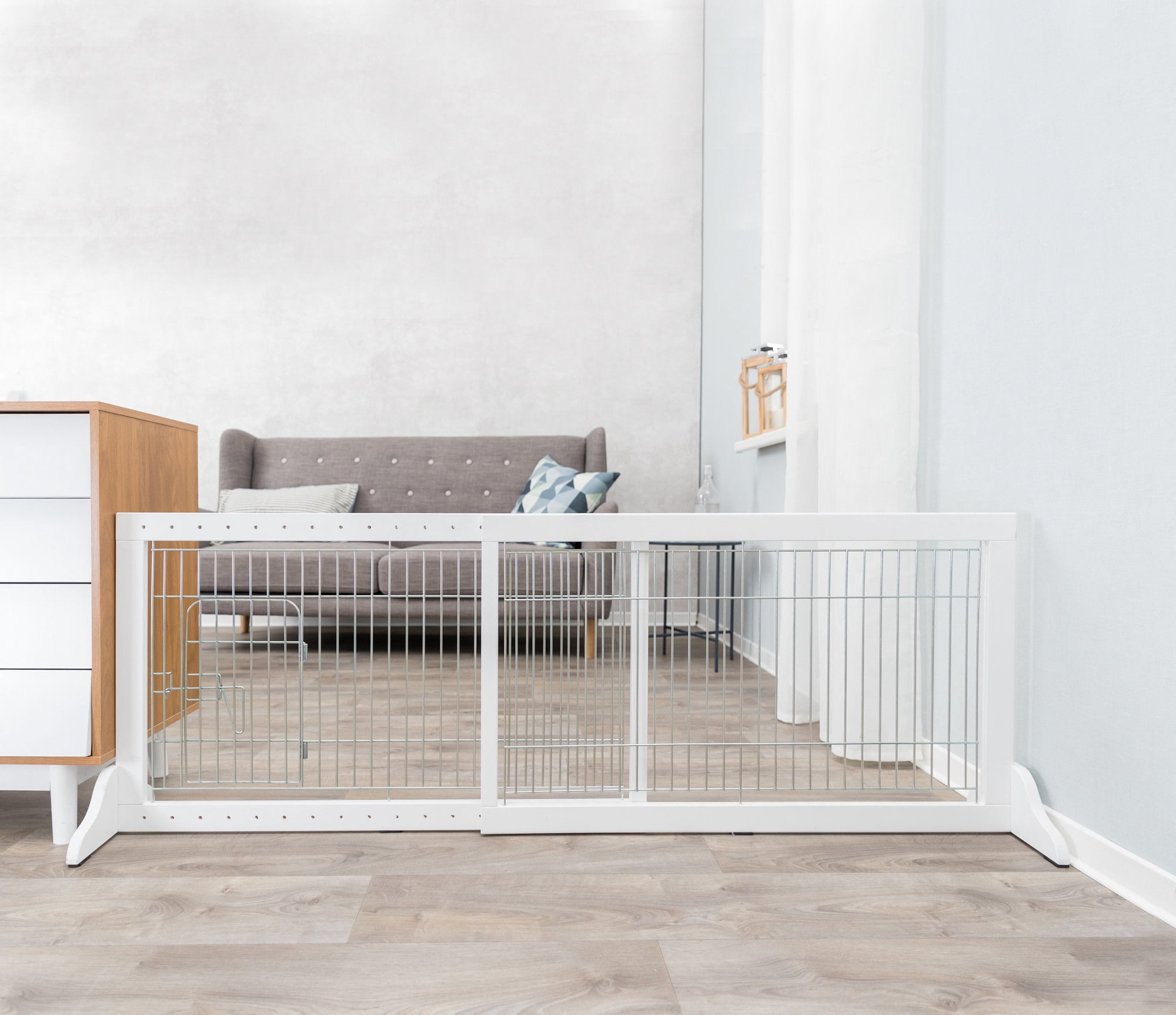 TRIXIE Expandable Wooden Freestanding Pet Gate with Pet Door, Expands to 71" Wide, White