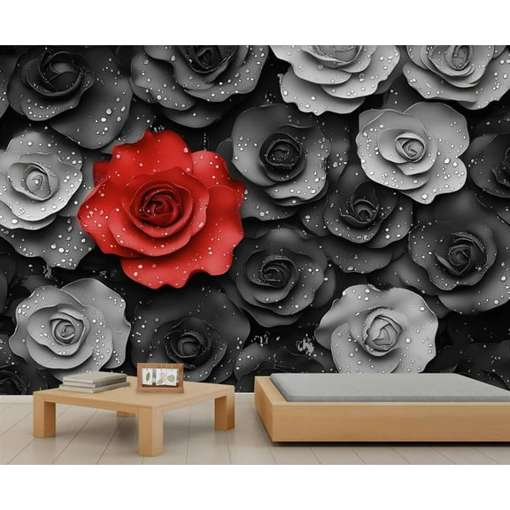 Black Red Rose Mural - Creative Flower Mural Wallpaper For Living Room Bedroom, Rose Mural 55"W x 28"H (Not Peel and Stick)