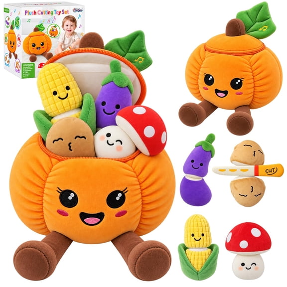 Plush Pretend Play Food Set, Baby Pumpkin Musical Toy, Learning Toy with Crinkle, Rattle, Montessori Plush Sensory Toy for Toddlers 12 Months