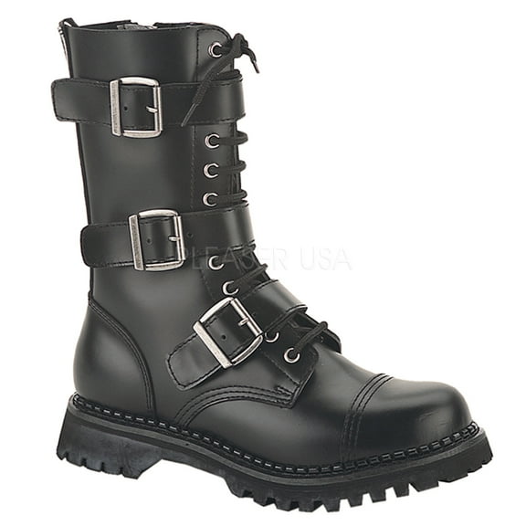 Riot-12, 12 Eyelet 3 Strap Steel Toe Blk Leather Calf Boot