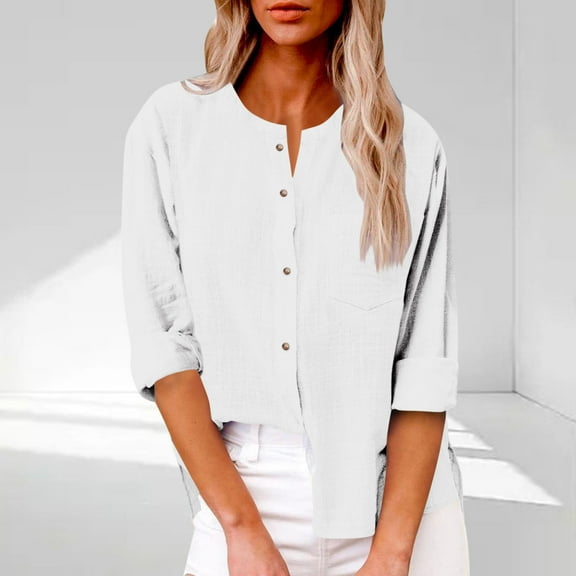 Vekome Long Sleeve Tops for Women Summer Plus Size Shirts Crewneck Casual Tee Shirts Solid Color Pullover Tops White L