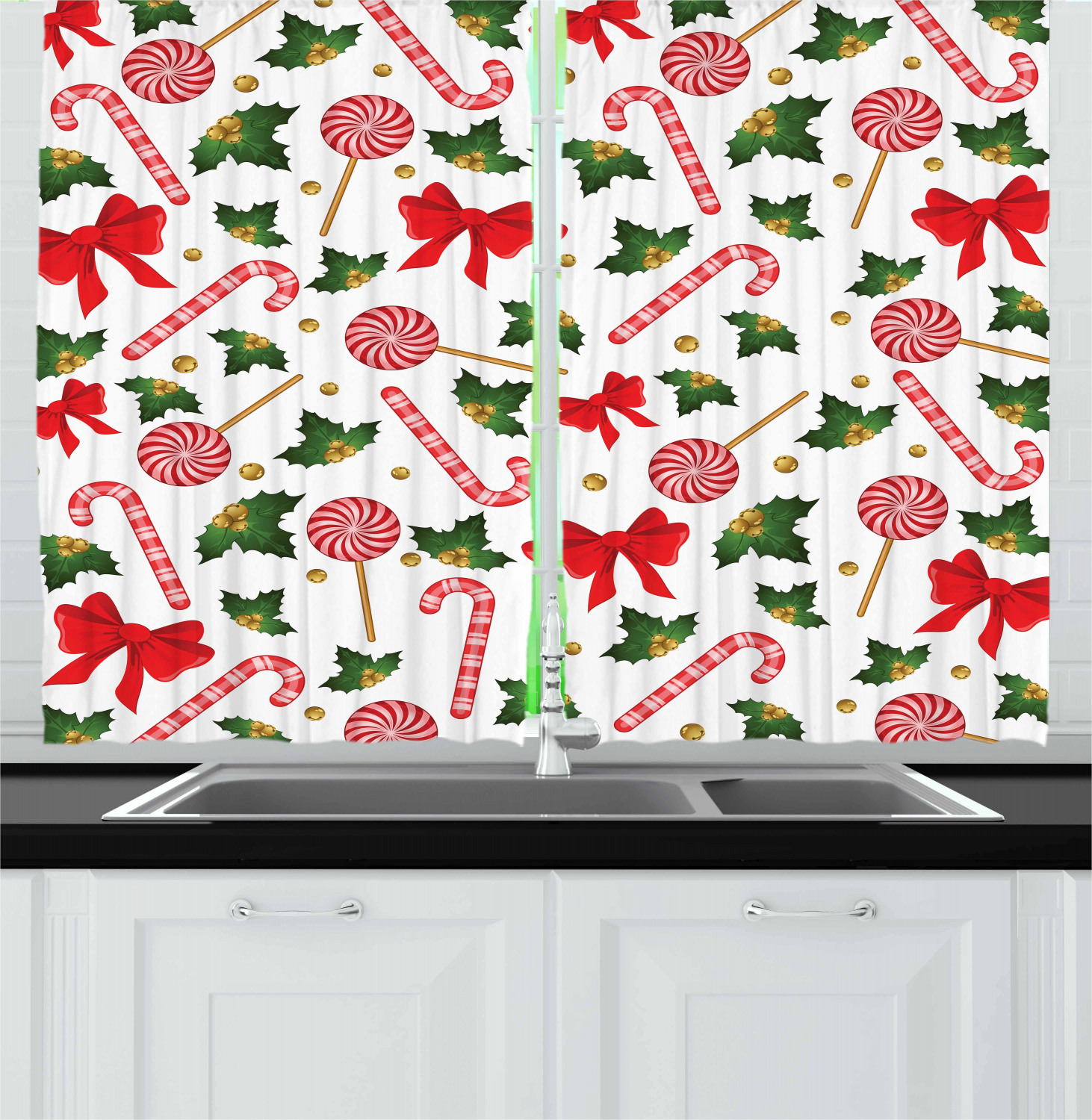 Candy Cane Curtains 2 Panels Set, Holly Berry Mistletoe Traditional Red