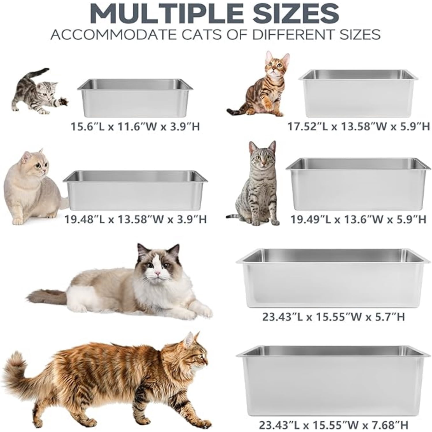 Stainless Steel Cat Litter Box XXL- Metal High Sided Cat Pan, Large Stainless Steel Box, Indoor Litter Tray, Non Stick, No Smell, Easy to Clean, Pet Toilet Supplies for Kitten, Kitty, Rabbit