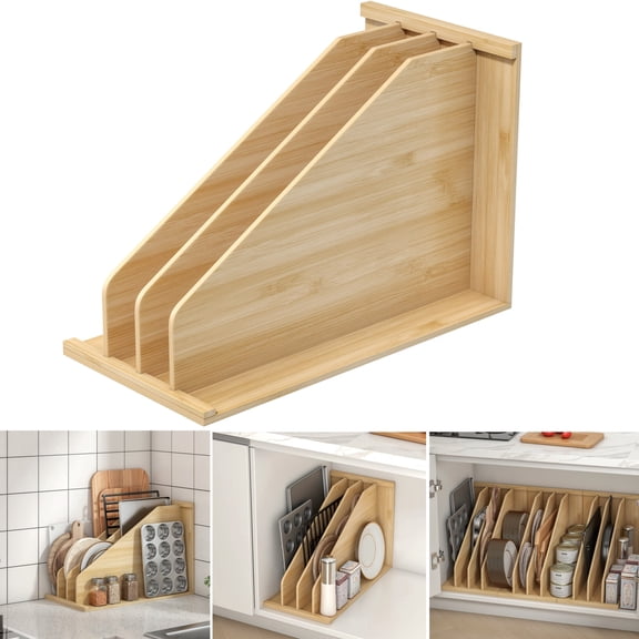 Qunbio TD3 Tray Dividers for Cabinets, Wooden Kitchen Cabinet Tray Divider for Pans, Lids, Cookie Sheets and Cutting Boards, 22"x15"x12"