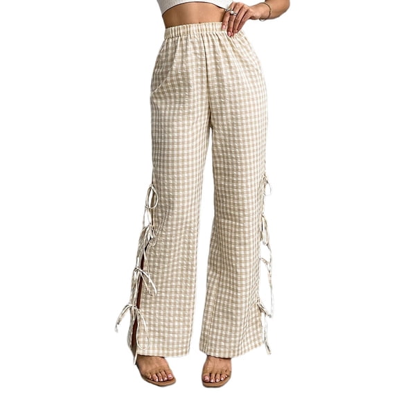 Womens Gingham Plaid Wide Leg Pants Y2k Lounge Pants Lace Up Loose Trousers Color M