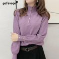 thumbnail image 2 of Suéter elegante de cuello alto medio para otoño e invierno, jersey liso de moda para mujer, jersey tejido con mangas abullonadas, jersey holgado, 2 of 5