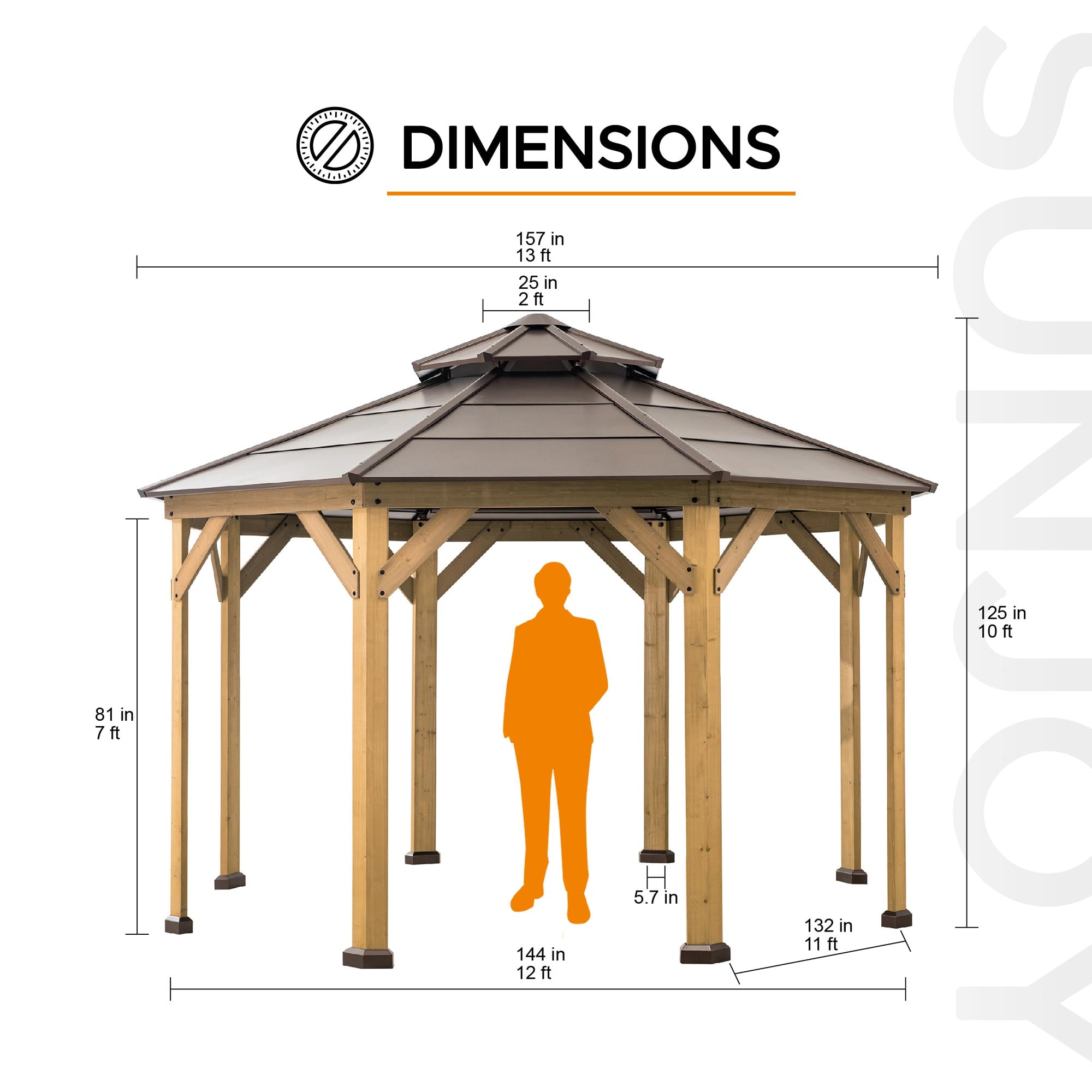 Sunjoy Gazebo Octogonal en Bois de Cèdre de 4 x 4 m (13 x 13 pi) avec toit Rigide en Acier Brun à Double Niveau et Crochet de Plafond Pour Jardin ou Cour Arrière