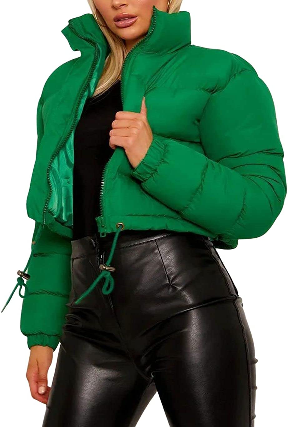 PIKADINGNIS Women Puffy Cropped Puffer Jacket Quilted Bubble Jacket Zip