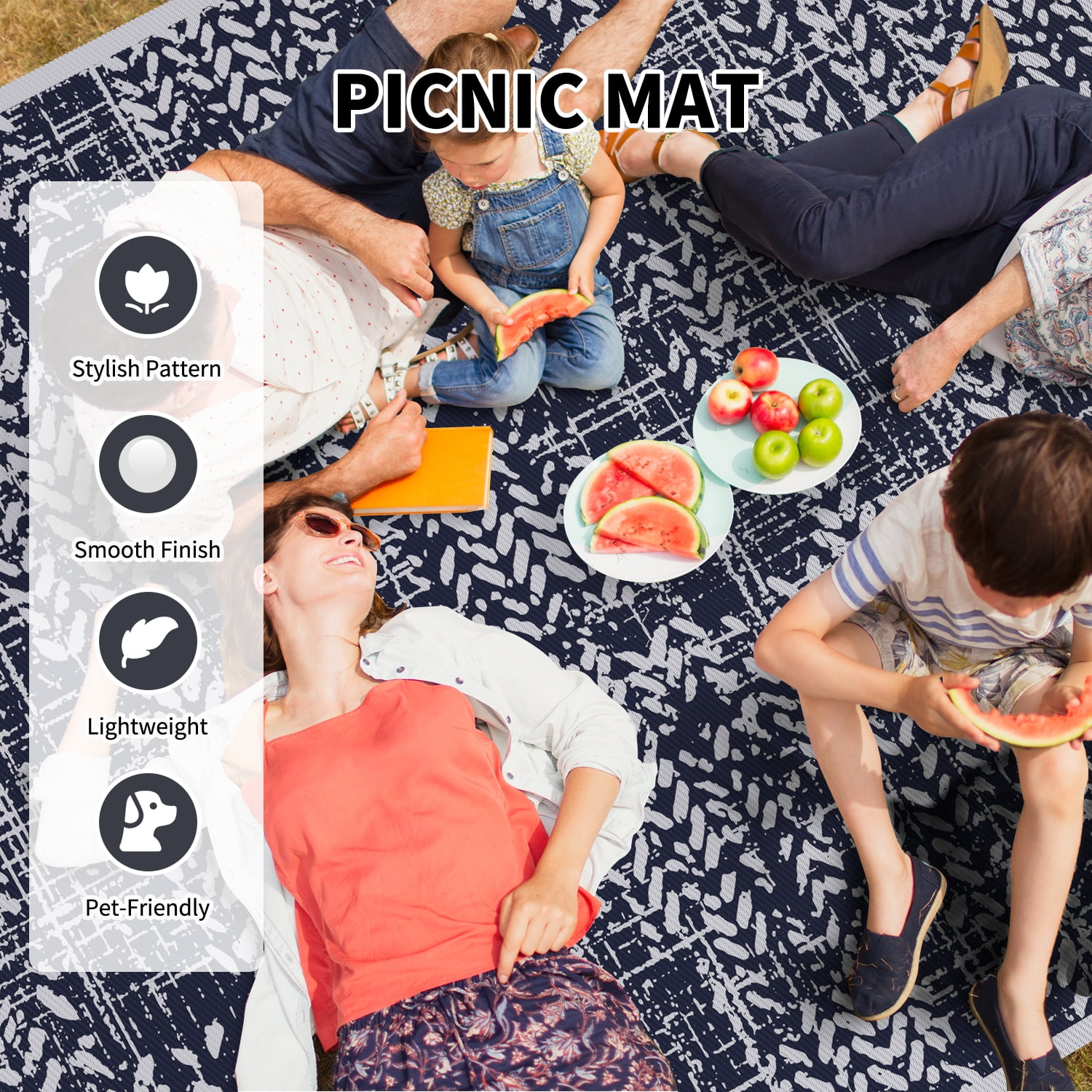 VUNATE Outdoor Rug 9'x12' Patio Rug Waterproof Woven Plastic Outdoor Mat for Picnic RV Porch Camping Reversible Outside Rug Dark Blue and White