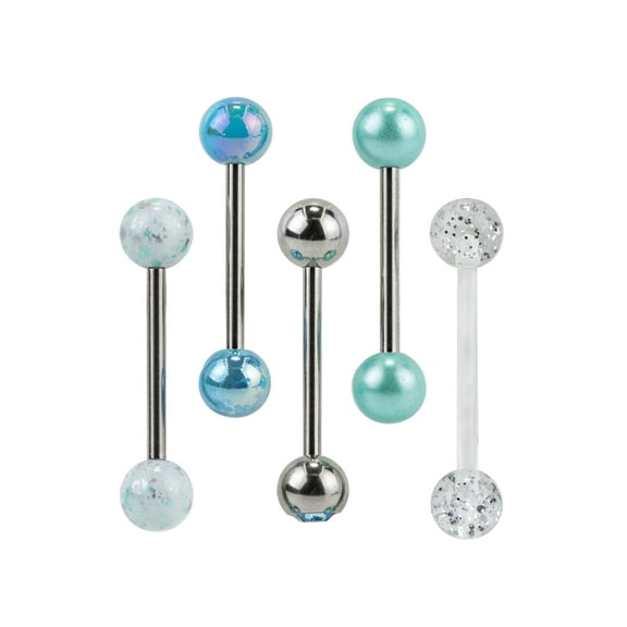 Claire's Women's Aqua Barbell Tongue Rings, 14G/1.63mm, Stainless Steel, 5 Pack