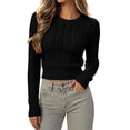 thumbnail image 2 of Biaocheng Women's 100% Cotton Cable Knit Cropped Sweater Crew Neck Long Sleeve Slim Fit Ribbed Hem Casual Pullover Top, 2 of 5