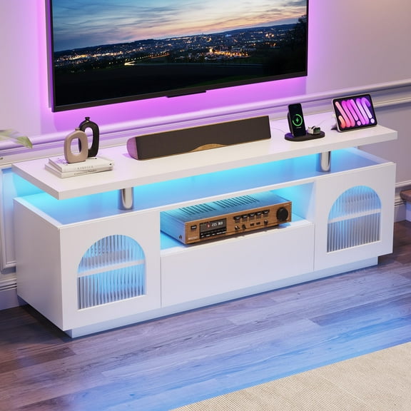 Modern TV Stand for 65-70 Inch TVs with Power Outlets & LED Lights, Media Console with Large Drawer
