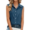 thumbnail image 4 of LNWUY Cotton Linen Shirts for Women Sleeveless Collared Tops Oversized Button Up Blouse Work Shirts Tank Casual Summer Tshirt Blue S, 4 of 7