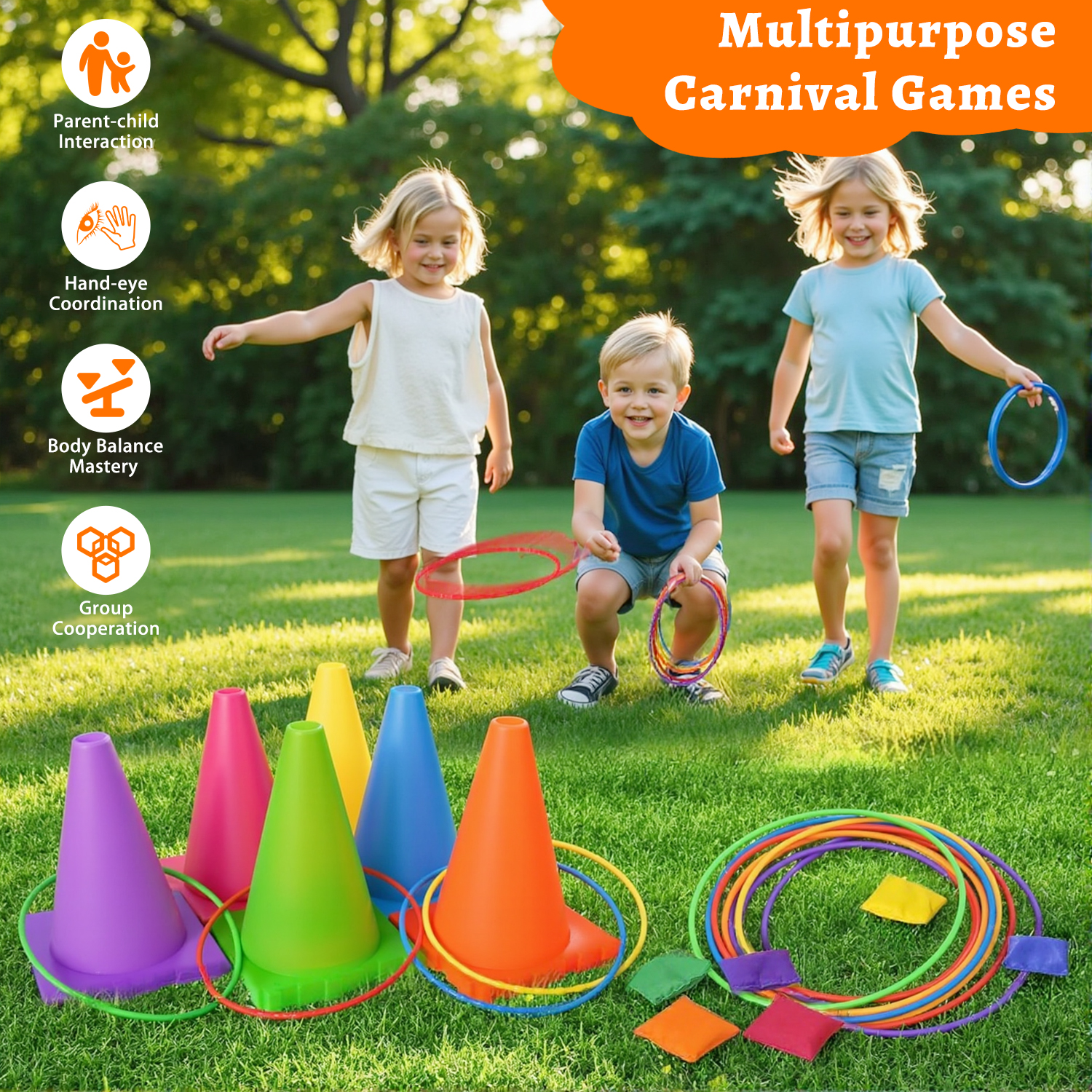 3-in-1 Bean Bag & Ring Toss Game Set with Soft Cones, Interactive Carnival Games for Kids Ages 3+, Perfect for Holiday Events, Backyard Fun & Parent-Child Bonding Activities