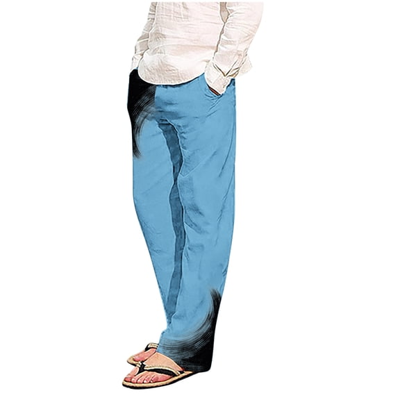 ohmzyzo Men's Casual Pants Drawstring Gradient Color Print Trousers Loose Fit Straight Leg Pants Lounge Beach Trousers with Pockets Blue M