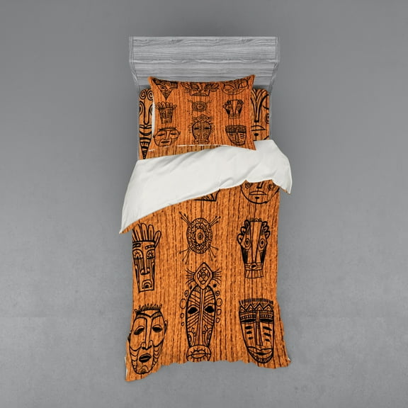 Ambesonne African Bedding Set 3 Pcs, Native, Twin XL, Charcoal Grey Dark Orange
