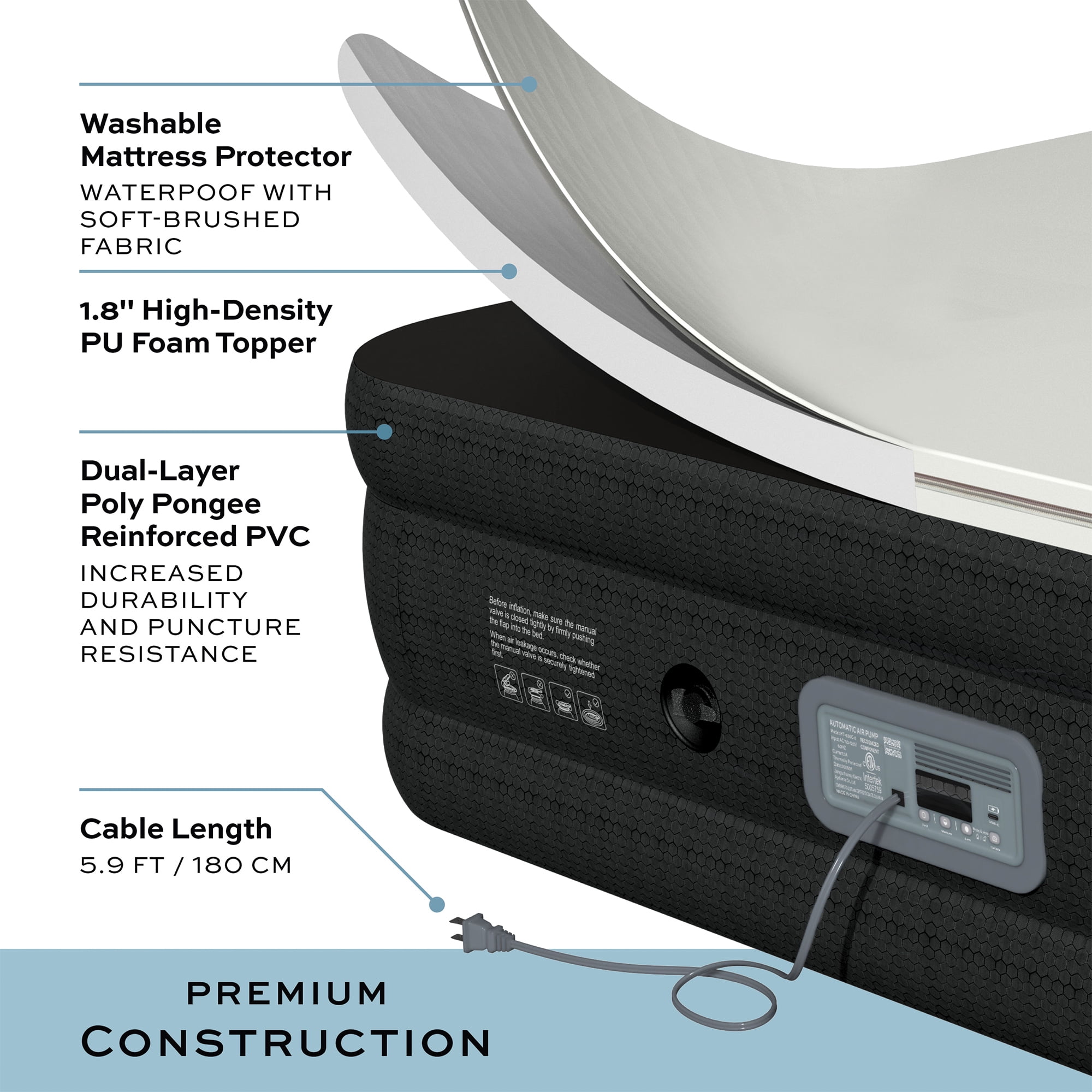 Foam Top Air Mattress with All-Night PressureSync Pump, Inflatable 18-Inch Queen Mattress by The Abodery