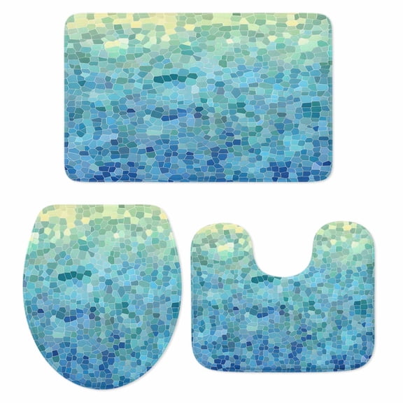 Turquoise Blue Teal Bath Mat 3 Piece Bathroom Rug Set, Chic Stained Glass Texture Aesthetic Non Slip Bath Rug Contour Mat and Toilet Lid Cover, Absorbent Shower Mats Soft Bath Rugs and Mats Sets