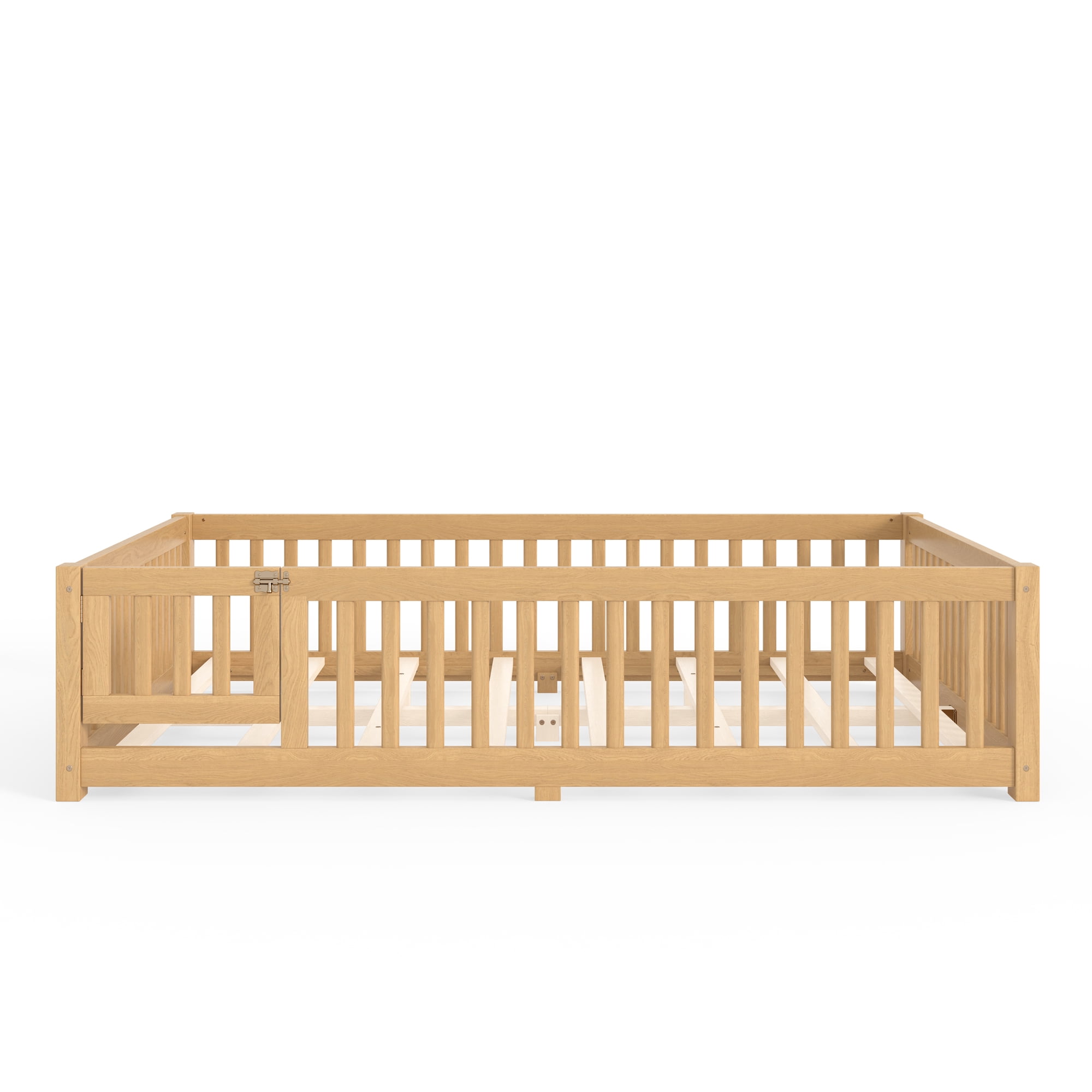 Queen Floor Bed 82.6 Inch, Solid Wood Bed Frame with Safety Guardrails and Door, Low Profile Montessori Bed for Kids Bedroom, Natural