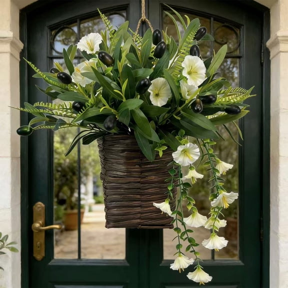 Faux Olive Flower Door Wreath Hanging Basket Artificial Silk Blooms for Front Porch Wall Entryway Cottagecore Summer Decor - Lifelike No-Water, Ccwuwei