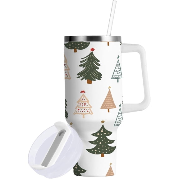 Christmas Tree 40 oz Tumbler with Handle, Stainless Steel Vacuum Insulated Sports Water Bottle, Leak-proof Travel Coffee Mug Cup with Lid and Straw for Water, Iced Tea or Coffee