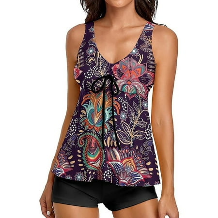 2 Piece Swimsuit for Women Floral Print Tank Top with Boyshorts Swimming Tankini Set Purple Bathing Suit for Women XXL