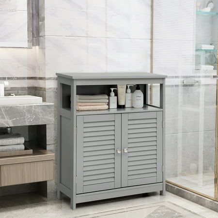 Costway Bathroom Storage Cabinet Wood, Shutter Door Cabinet Gray