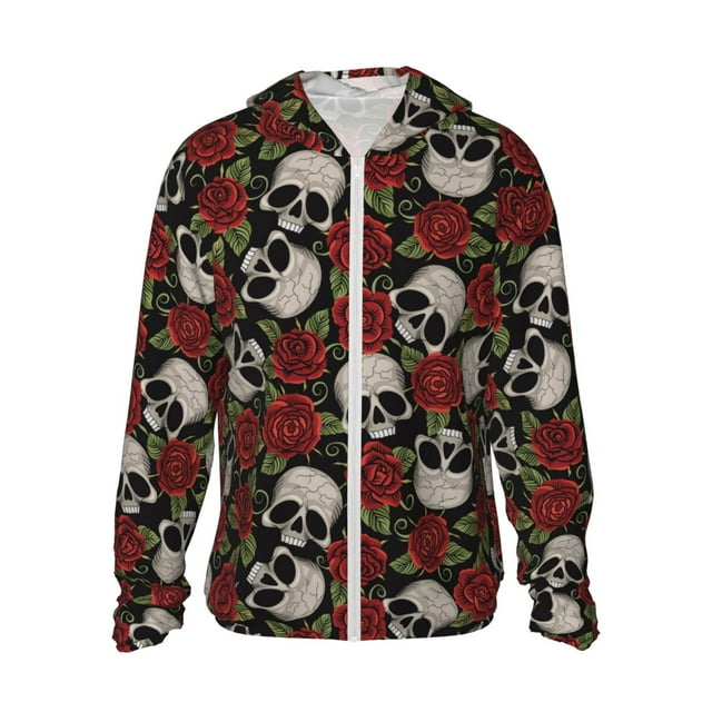 Fotbe Red Rose Skull Chaqueta con Protección Solar UPF 50+ para Hombre y Mujer, Camisa con Capucha y Bolsillos-Large
