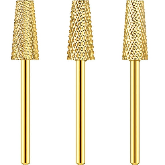 ABCISI Nail Drill Bit, 3 Pieces Tapered Barrel Carbide Nail Drill Bit, 3 Sizes Carbide Nail Drill Bit Acrylic File Cuticle, Art Tools for Gel Manicure Pedicure(XF, F, M,Gold)