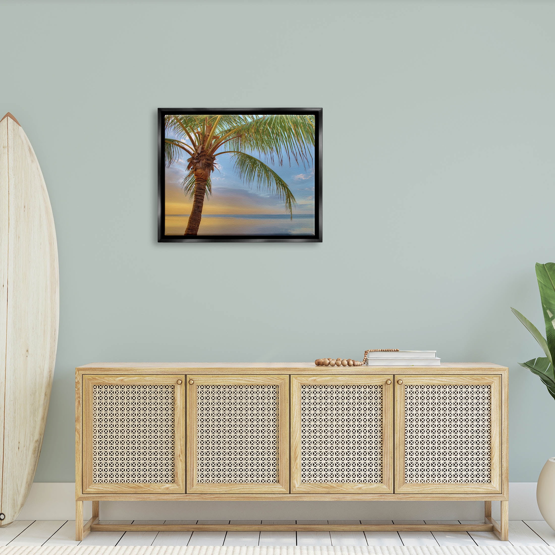 Sunrise Palm Tree Sky Reflection Coastal Photograph Jet Black Framed Art Print Wall Art