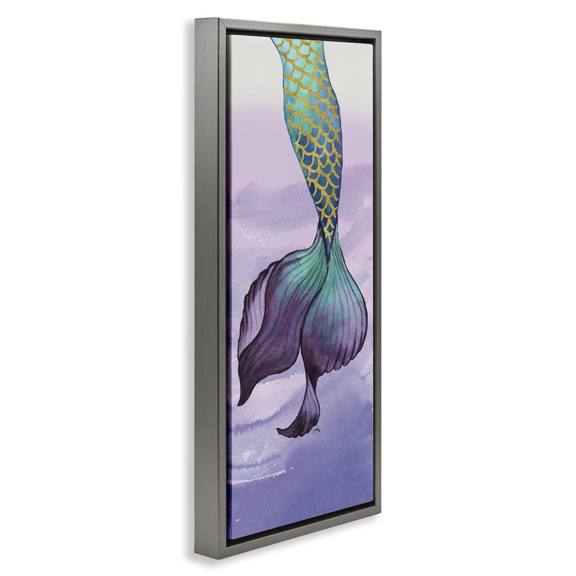 Stupell Industries Glam Accent Mermaid Tail Fairy Tales & Fantasy Painting Gray Floater Framed Art Print Wall Art, 11 x 25