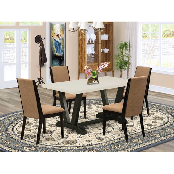 East West Furniture V626LA147-5 5-Piece Fashionable Dining Room Set a Good Linen White Wood Table Top and 4 Stunning Linen Fabric Kitchen Chairs with Stylish Chair Back, Wire Brushed Black Finish