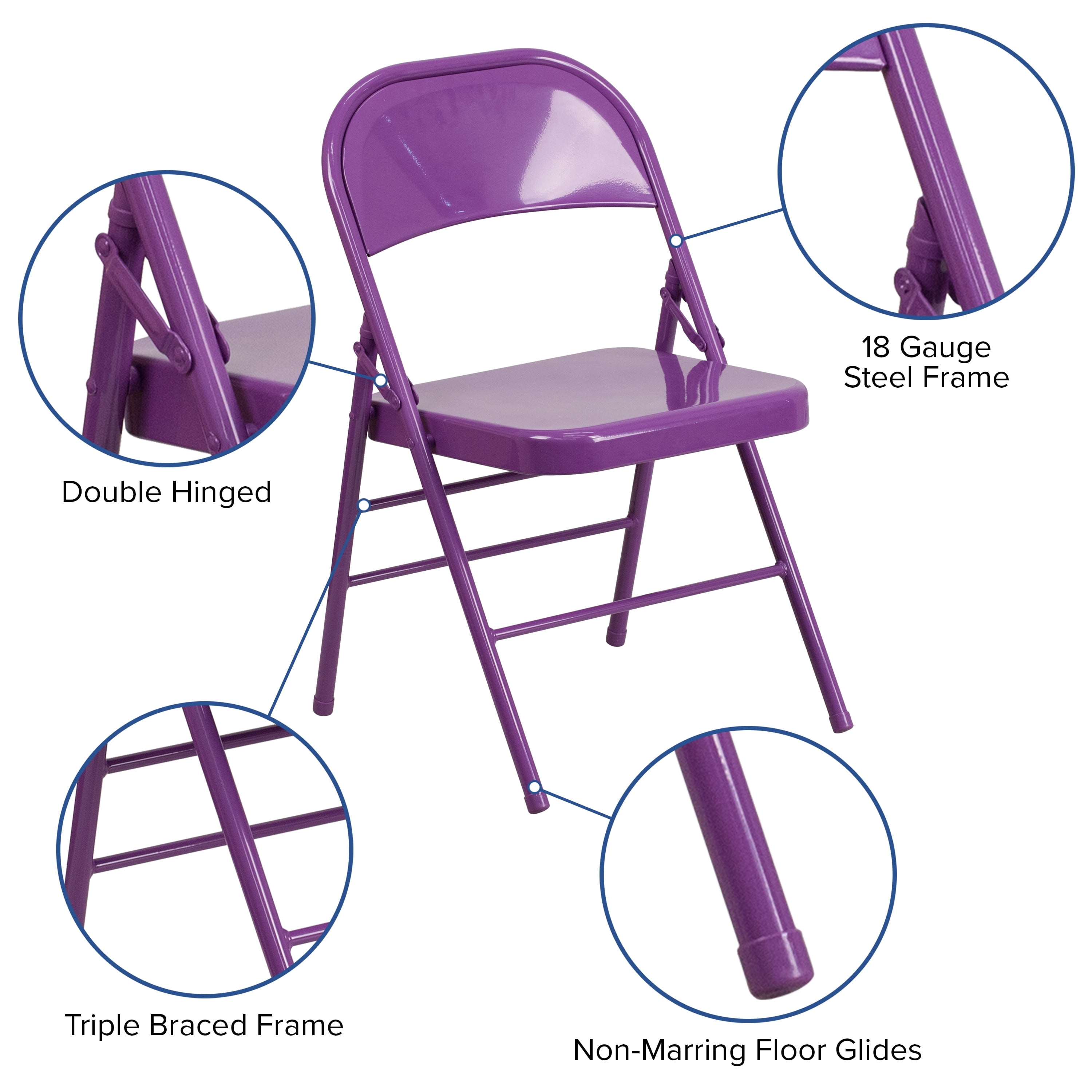 Flash Furniture 2 Pack HERCULES COLORBURST Series Impulsive Purple Triple Braced & Double Hinged Metal Folding Chair