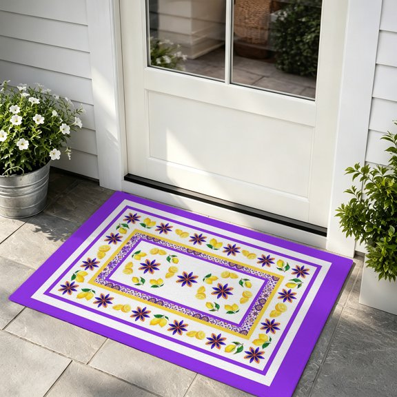 Door Mat 16x24in Mediterranean Lemon Flowers Absorbent Non-Slip Washable Doormat Italian Classic Purple White Dirt Trapping Low Profile Entryway Rug, Indoor Outdoor Welcome Mat for Home Entrance