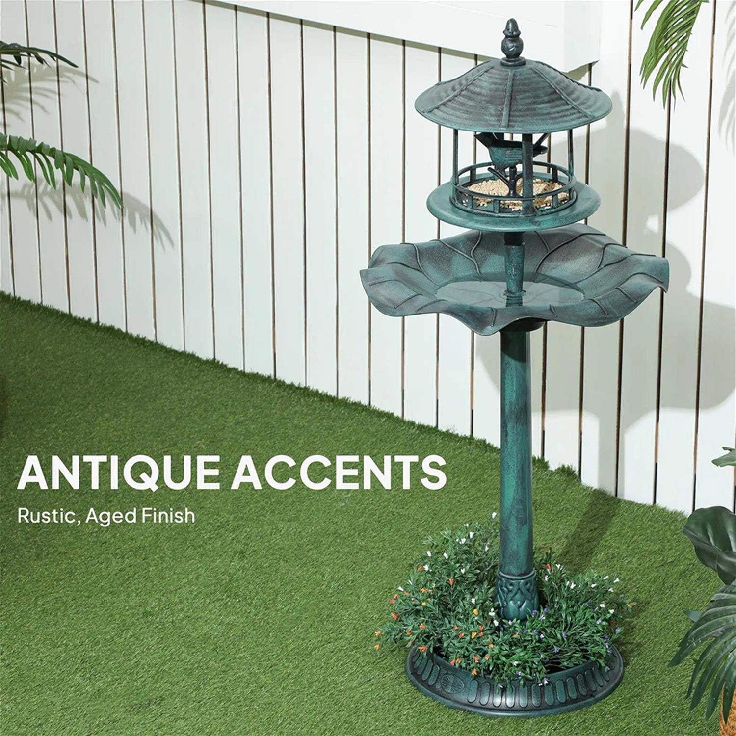 resenkos 3-in-1 Outdoor Flower Birdbath with Bird Feeder, Charming Garden Accent to Attract Birds, Durable Resin Construction for Patio, Deck, or Yard, Green