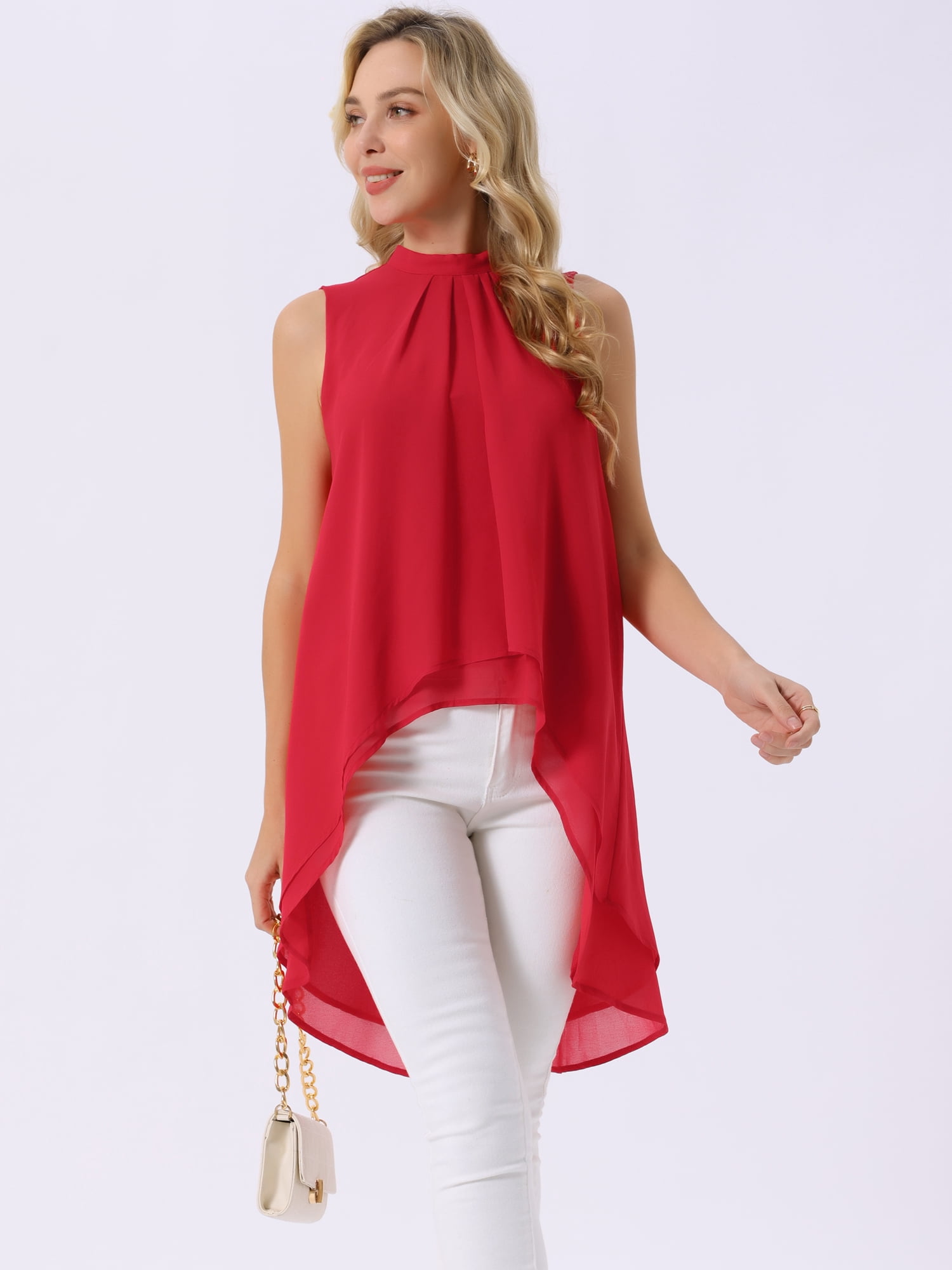 DARING DIVA Women's Tie Back High Low Mock Neck Blouse Tops L Red