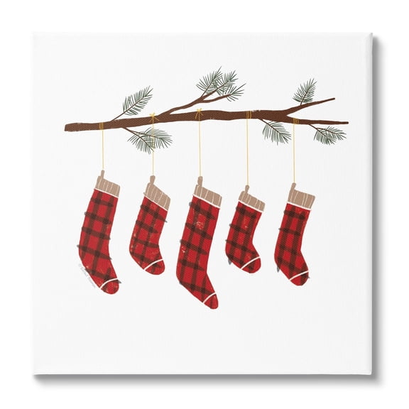 Cozy Hanging Tartan Stockings Winter Tree Branch Botanical & Floral Graphic Art Gallery-Wrapped Canvas Print Wall Art