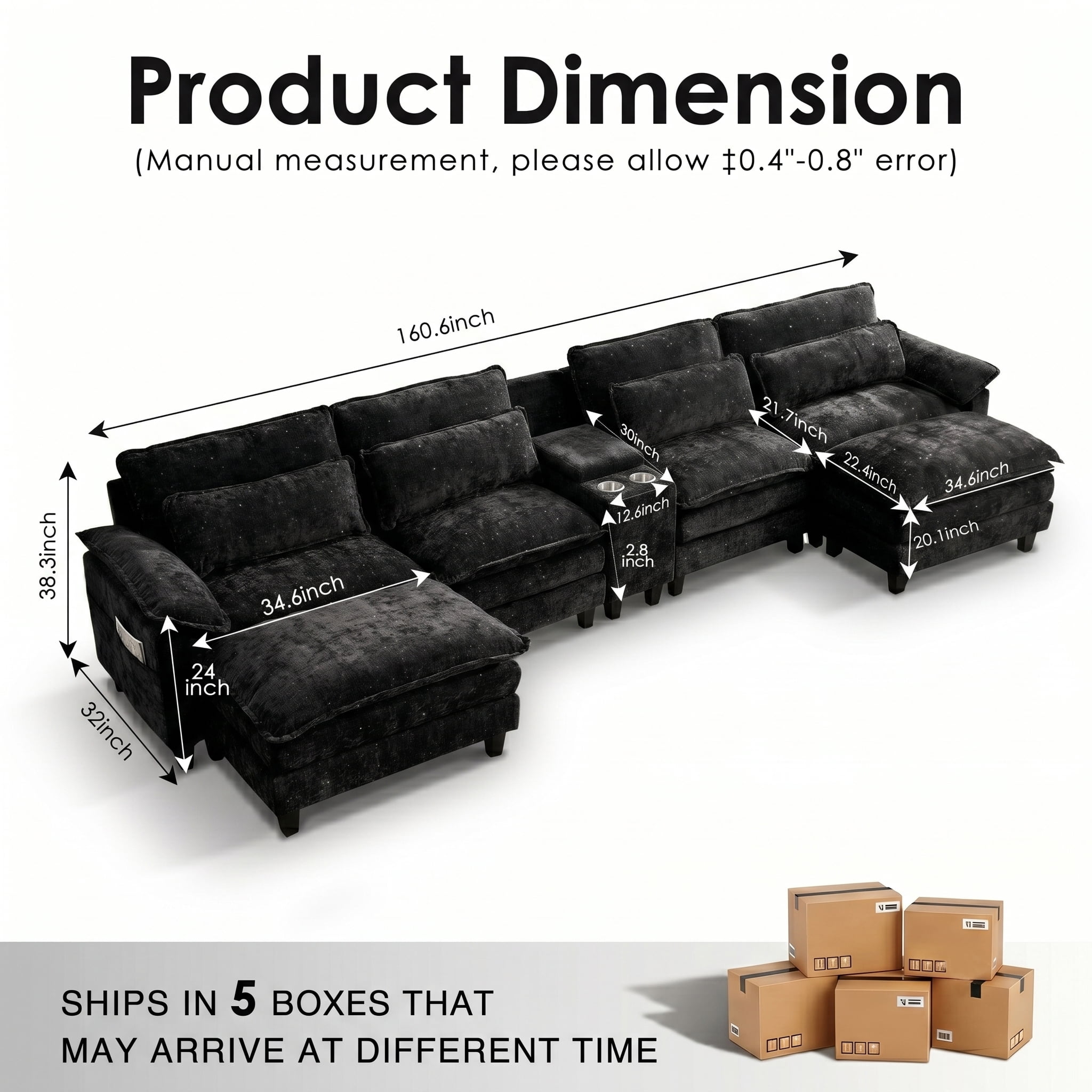 AISWORD U Shaped Cloud Couch Sectional, Oversized Modular Sofa with USB Charging, Hidden Storage, Cup Holders & Double Chaise for Living Room, Black