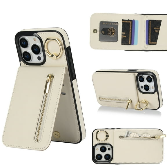 for iPhone 15Pro max, iPhone 16Pro max Wallet Case for Women Men, Durable Embossed PU Leather Magnetic Flip Zipper Card Holder Phone Case,White