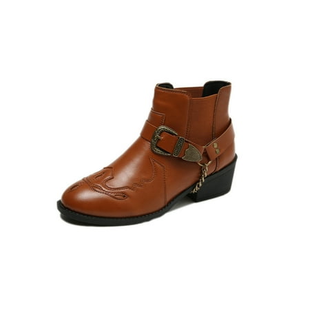 

Harsuny Womens Motorcycle Anti-Slip Chelsea Boot Comfort Strap Buckle Ankle Boots Work Breathable Chunky Heel Booties Coffee 4.5